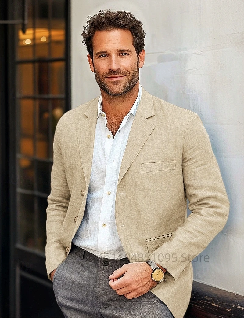 

Бежевый льняной мужской пиджак, тонкий мужской пиджак, пиджак с тремя пуговицами, красивый джентльмен, повседневные летние костюмы, пальто