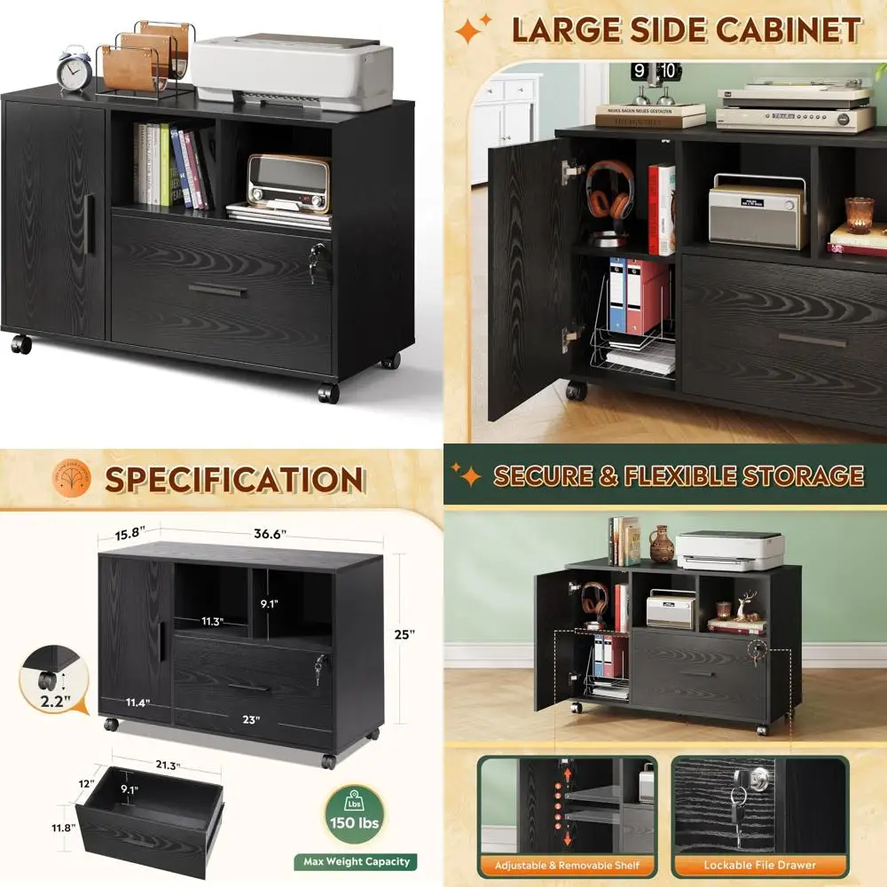 خزانة ملفات مكتب DEVAISE مع قفل، خزانة ملفات جانبية خشبية ذات درج واحد على عجلات، حامل طابعة مع أرفف تخزين مفتوحة f