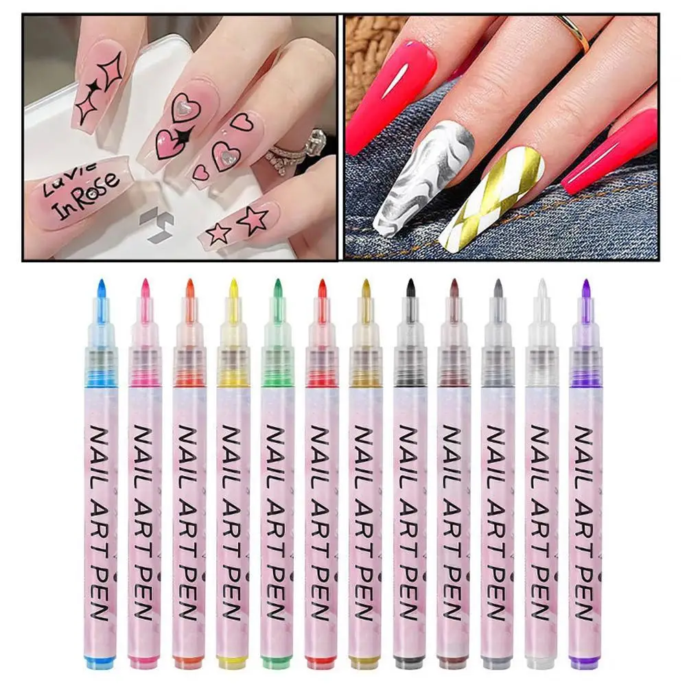 12 pçs/set colorido à prova dwaterproof água arte do prego graffiti caneta diy 3d arte do prego desenho caneta linha abstrata manicure ferramenta pintura forro