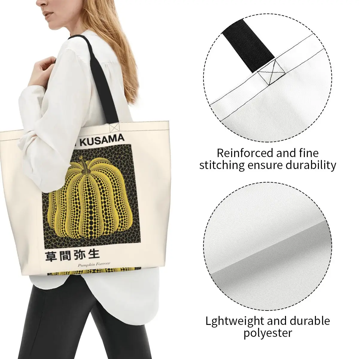 Reusable Yayoi Kusama Pumkin Forever Shopping Bag Women Shoulder Canvas Tote Bag Durable Abstract Art Groceries Shopper Bags