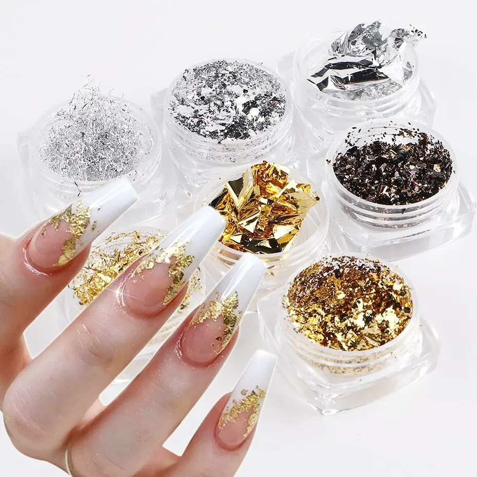 7 Boxes Aluminum Nail Flakes Foils Set Gold Silver Irregular Paillette Nail Art Sequins Decorations Glitter Sticker for Manicure