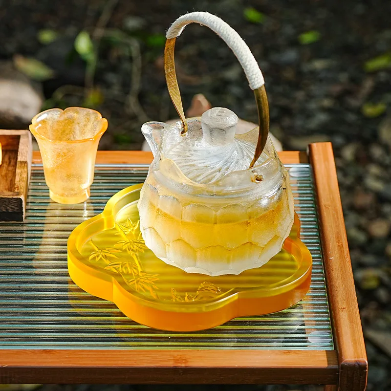 bearing tea tray ornament can store water coaster Ancient glazed lost wax method glazed plum flower shape relief bamboo pot