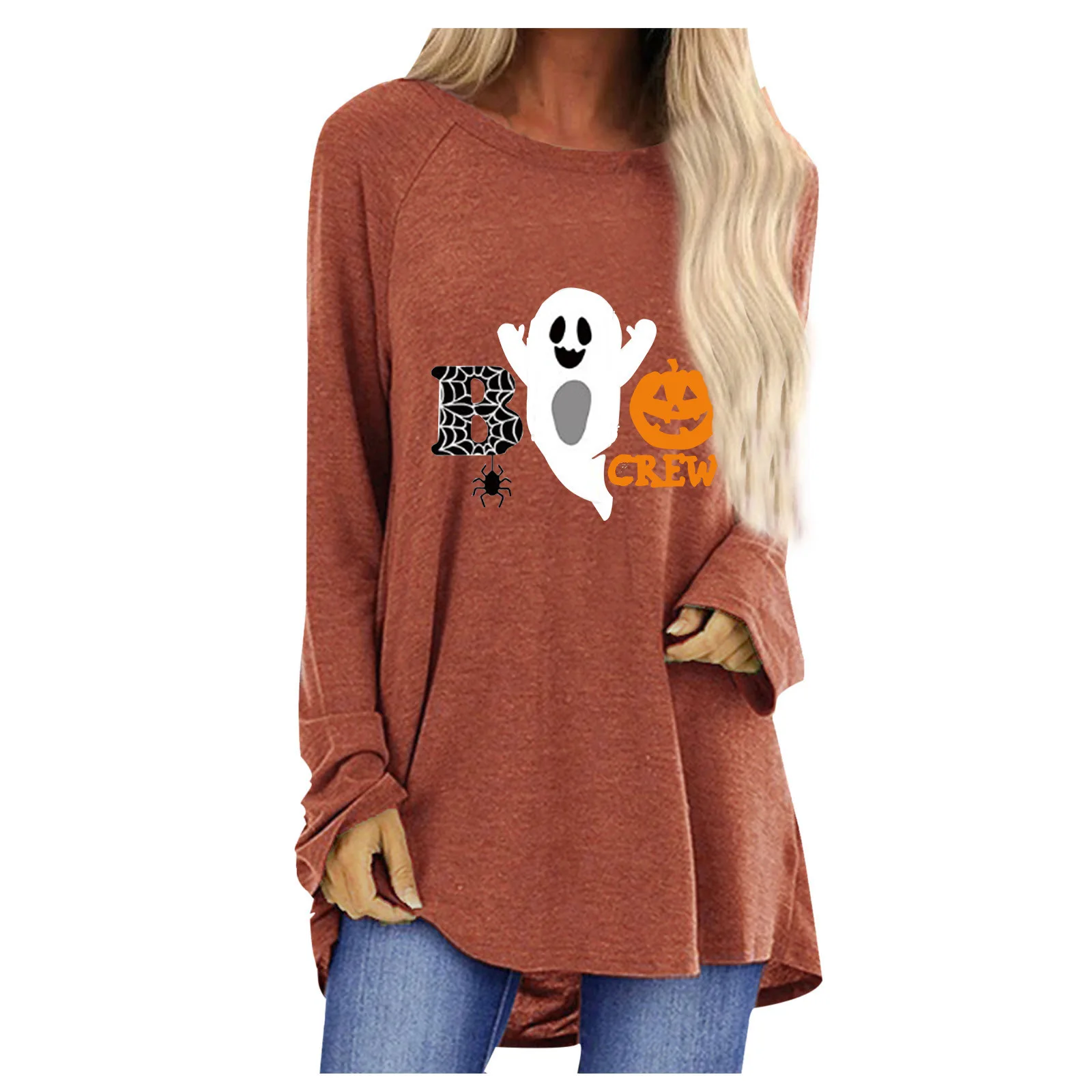 

Women's Halloween Ghost Pumpkin Printed Round Neck Long Sleeve Top T-shirt Oversized T Shirt