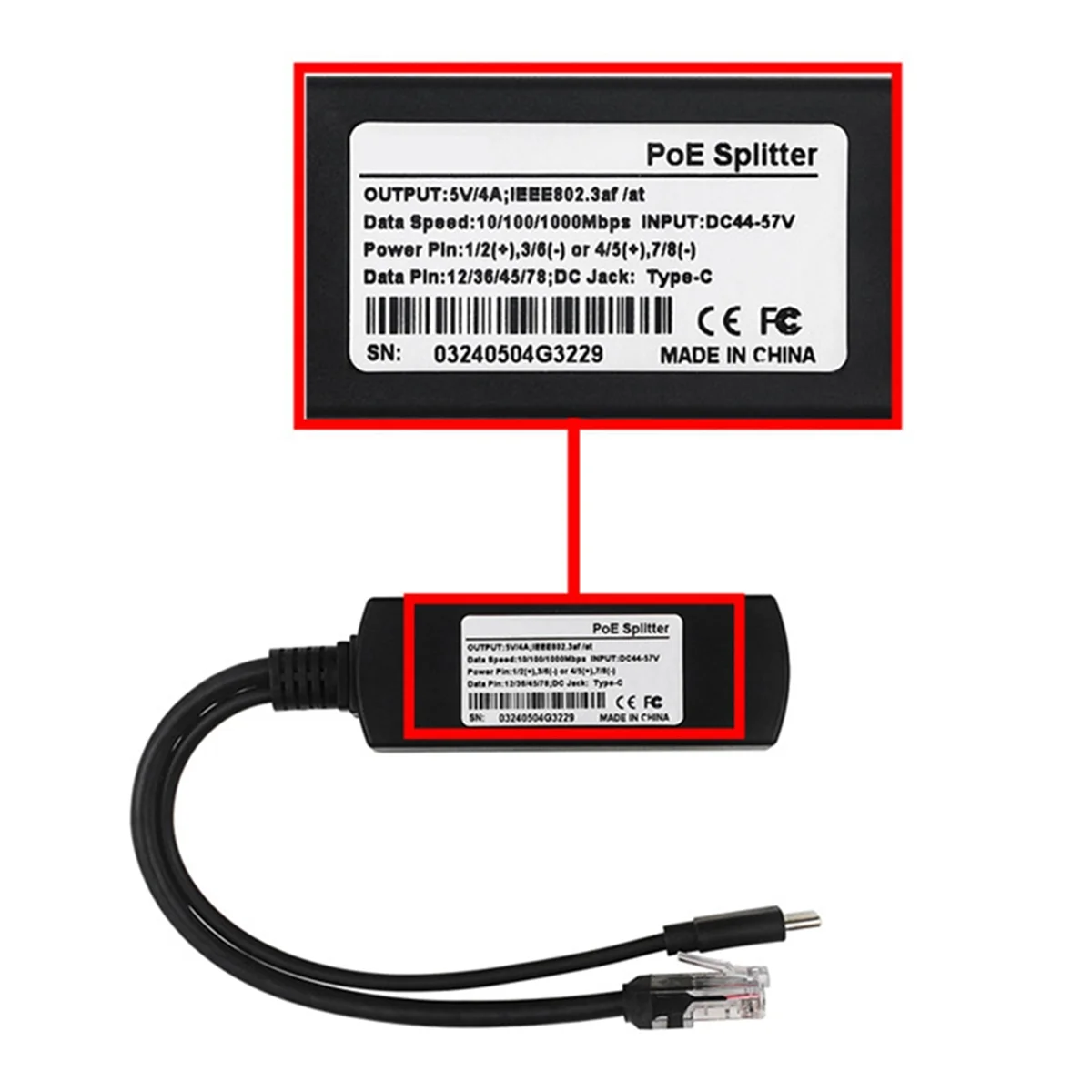 Divisor para Raspberry Pi 5 PoE 5V 4A 10/100/1000Mbps IEEE802.3af/At tipo C, divisor para Raspberry Pi 5B