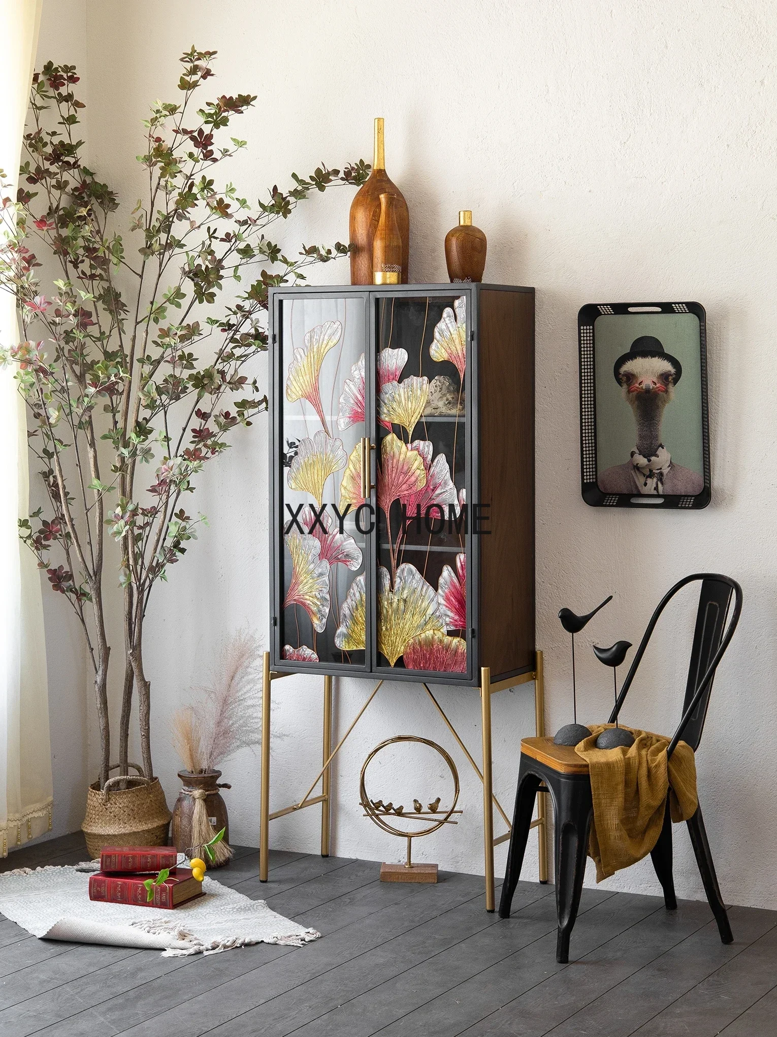 

Entrance Foyer Curio Cabinet New Chinese Style Sideboard Cabinet Painted Art Wall Cabinet