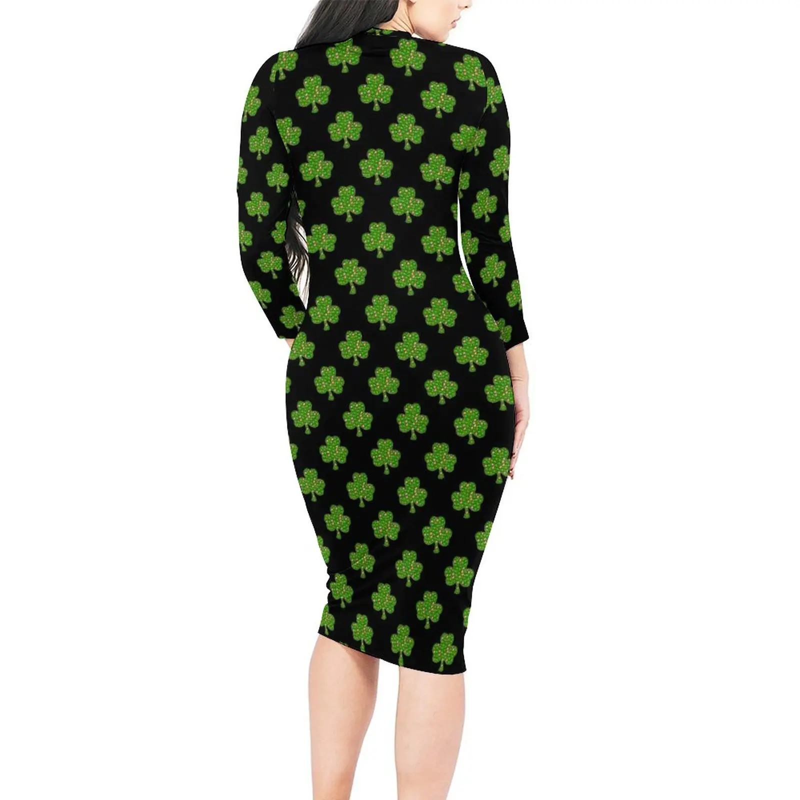 Irish Shamrock Bodycon Dress Summer Green Leaf Print Night Club Dresses Woman Long Sleeve Korean Fashion Dress 3XL 4XL 5XL