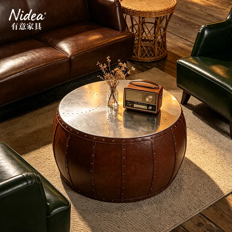 Industrial Aviator Aluminum Coffee Table Round Leather Upholstered Drum Center Table Riveted Metal Top Retro Living Room