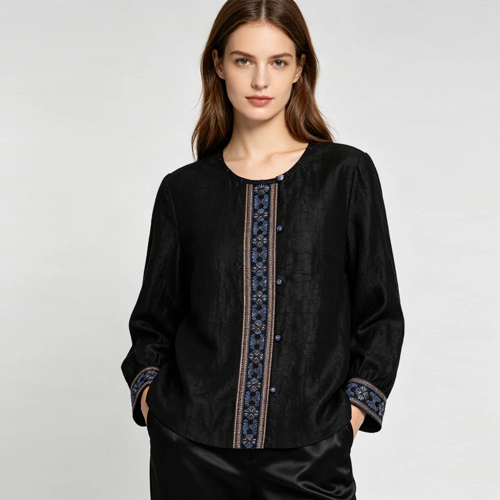 Women's Fashion Spring/Summer New Butterfly Button Embroidered 100% Natural Mulberry Silk Fragrant Cloud Yarn Round Neck Coat