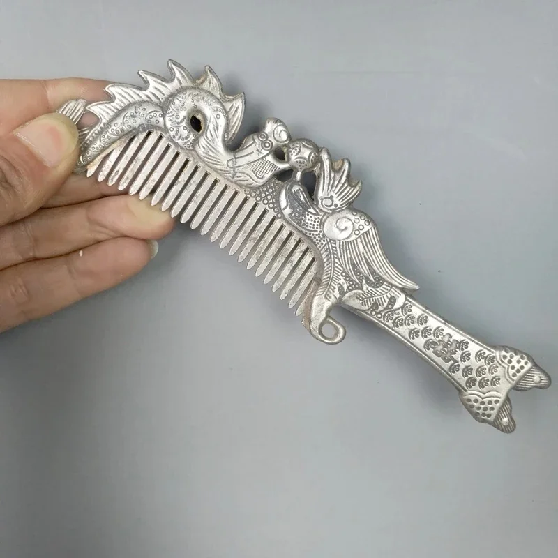Exquisite Interesting Chinese Old-style Collection Tibetan Silver Carved Dragon and Phoenix Comb