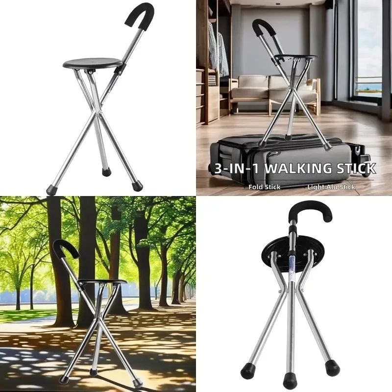 for Wholesale Lightweight Aluminum Tripod Cane with Chair Seat Chinese Manufacturer's Cane Vine Stool