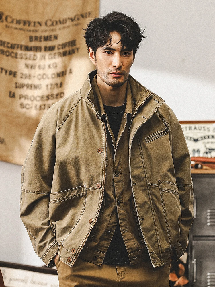 

Retro American Khaki Workwear Jaet Men's Spring Autumn Loose Waed Casual Jae Youth ular Cotton Fabric Long Sve Bu...