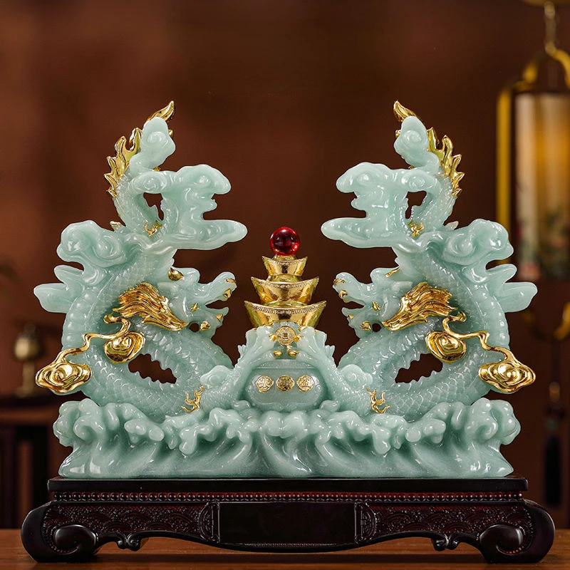 Double Dragon Treasure Pot Brings Wealth Green Dragon Decoration Living Room Office Decoration Relocation Gift Opening Gift