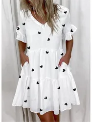 Fashion Ruffles V-Neck Loose Mini Dresses Women Summer Elegant Short Sleeve Pockets Floral Print Dress 2024 Casual Beach Dress