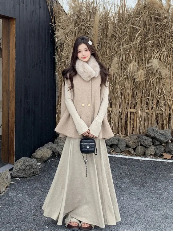 

plus Size Women's Ele Fur Collar Coat Autumn Winter New Sle Waist Cinched Dr Inner Piece Trendy Commute Wind Korean ...