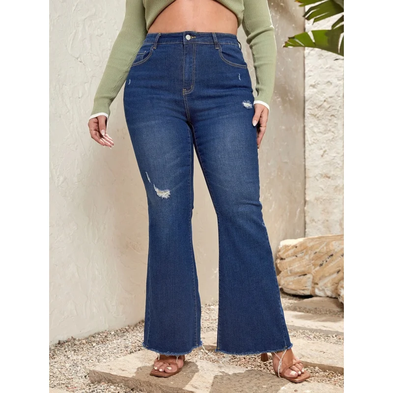 Cross-Border European and American plus Size Dark Blue Ripped Burr Denim Bell-Bottom Pants Fat Girl PantsTEMUAmazonSHEINSpot Goo