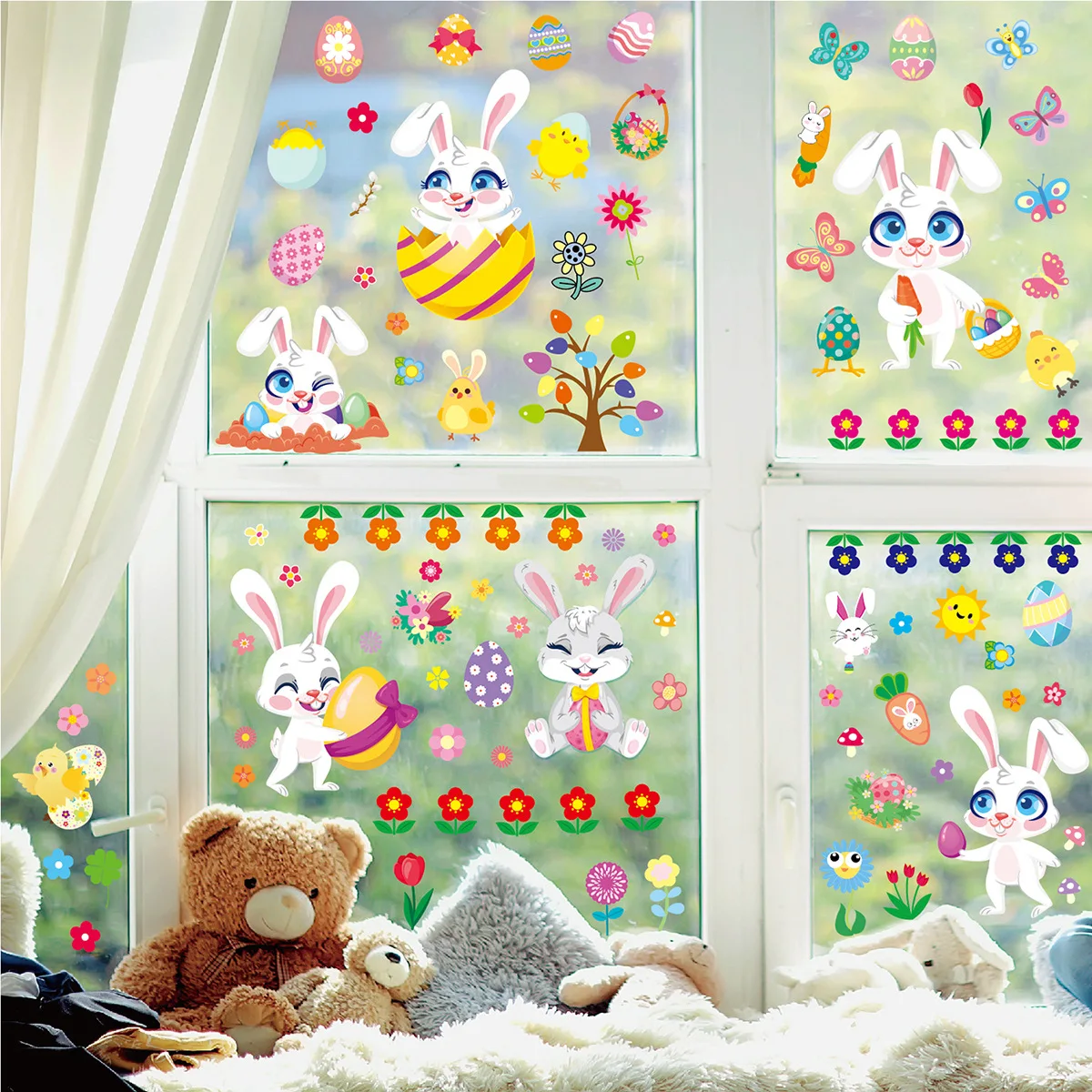 

12 Sheets Easter Bunny Egg Electrostatic Sticker Window Glass No Glue Refrigerator Sticker Home Decoration Mall Easter Sticker