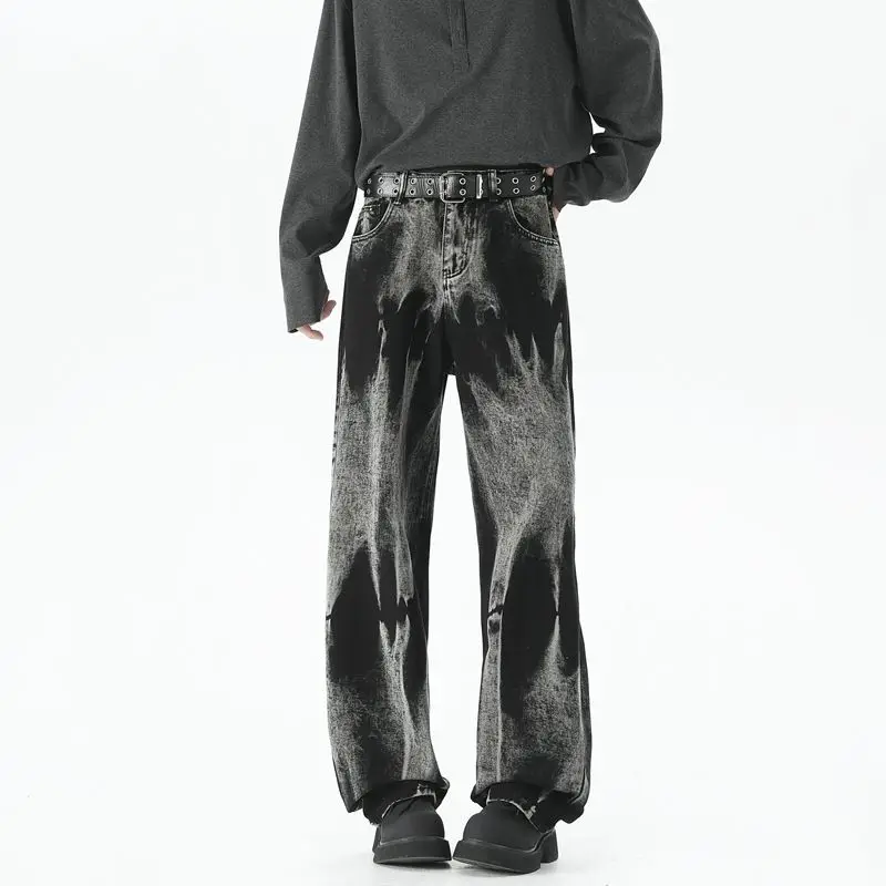 Jesienne męskie szerokie jeansy baggy w stylu high street, barwiony denim, casualowe proste neutralne jeansy baggy w stylu neutralnym, modne i uniwersalne.