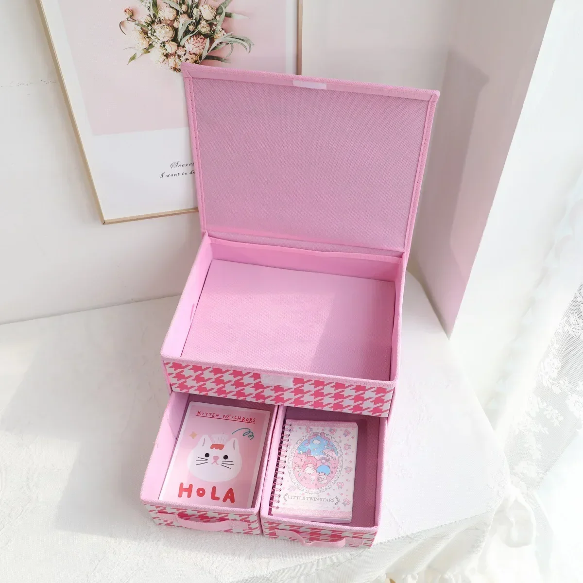 Sanrio Anime Folding Storage Box Girl Kawaii Desktop Miscellaneous Storage Box Hello Kitty Drawer Dust-proof Moisture-proof Box