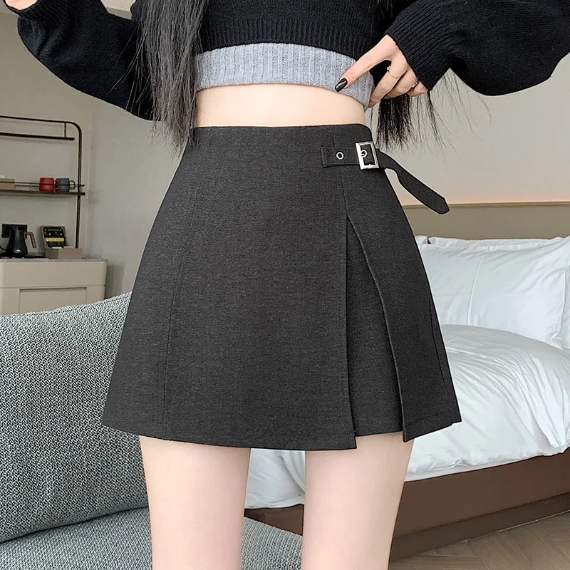 Seoulish エレガントなハイウエストの女性のスカート 2025 冬秋ファッションウール痩身 A ラインショーツスプリットスカート女性のための