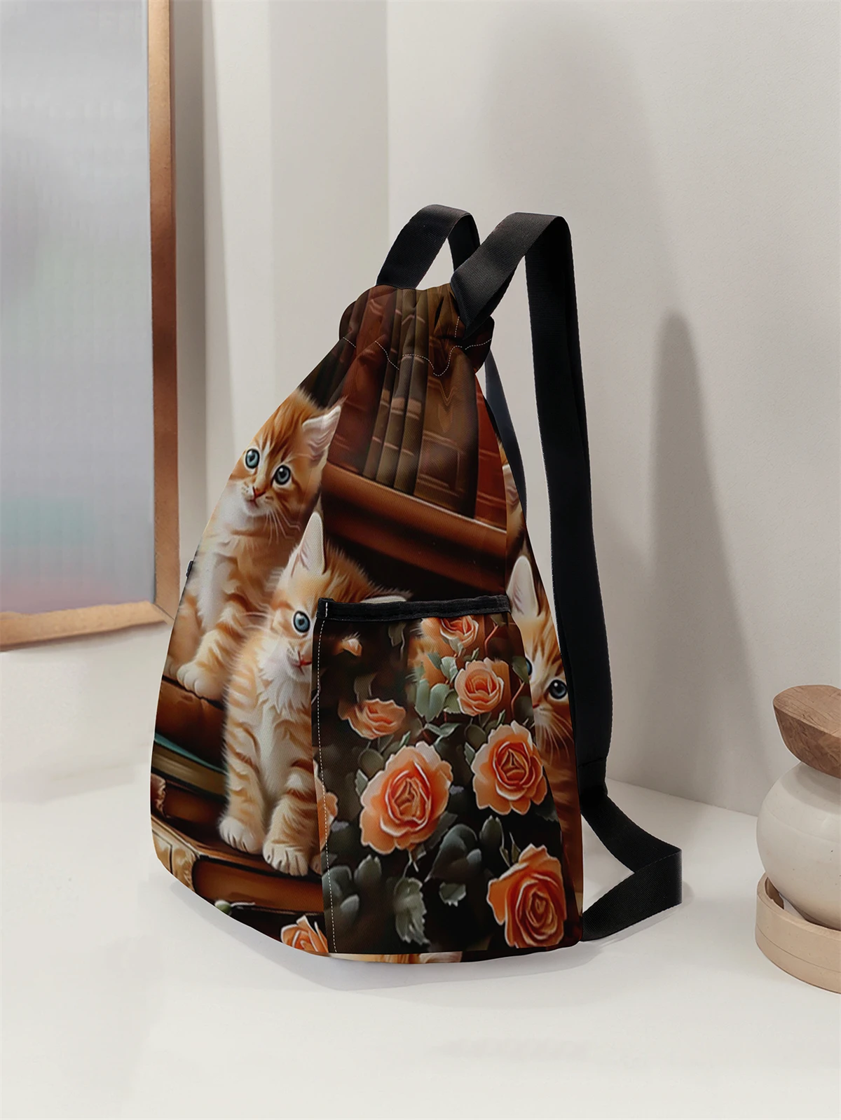 حقيبة ظهر برباط مطبوعة بنمط قطة لطيفة - حقيبة لياقة بدنية متينة ذات سعة كبيرة، حقيبة ظهر رياضية للشاطئ