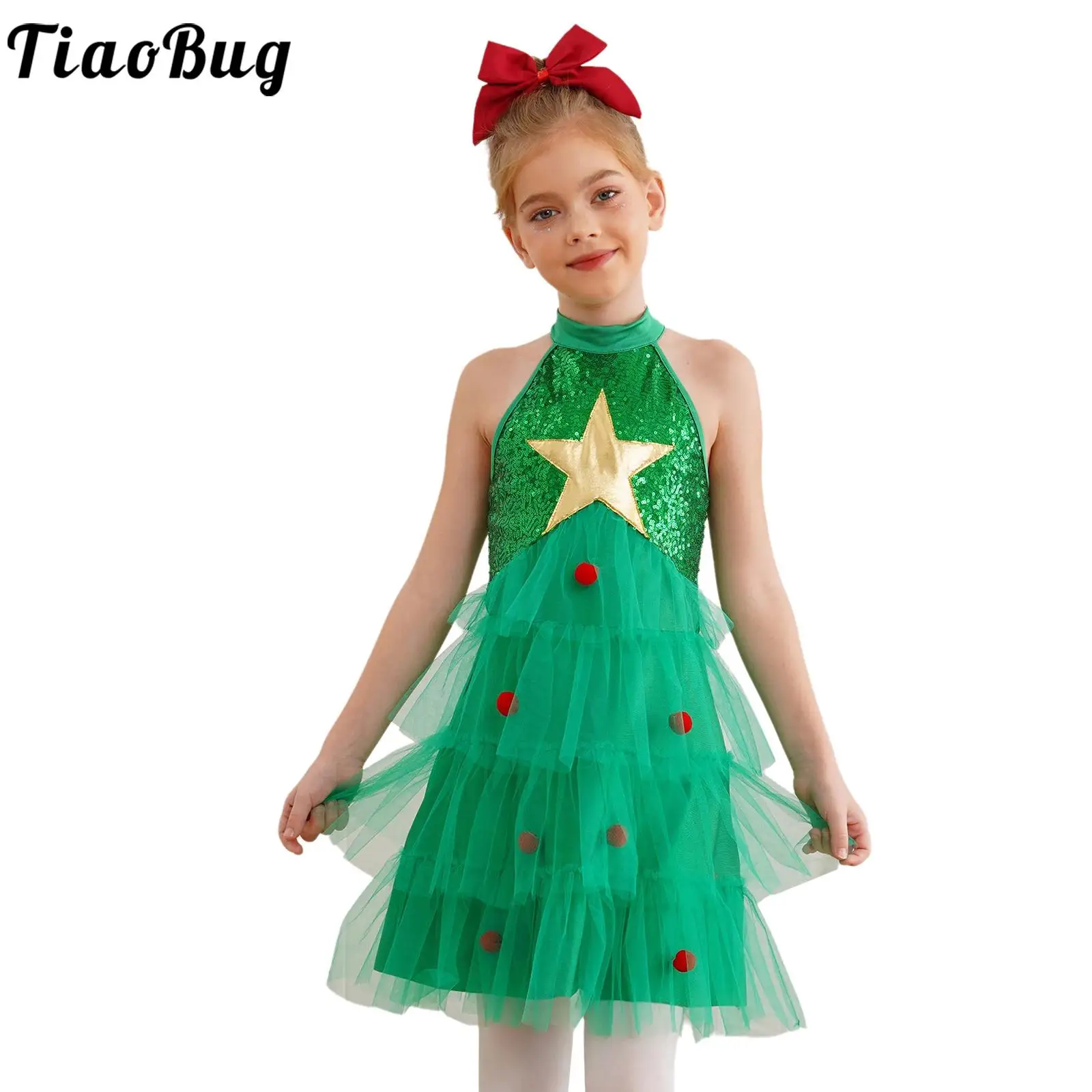 Crianças menina dança de natal desempenho traje sem mangas halter em camadas lantejoulas malha retalhos ouro estrela pompons vestido decorado