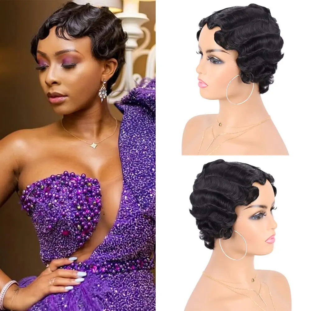 

Synthetic Finger Wave Wig Short Mommy Hair Curly Wigs for Black Women Lady Nuna Wig 1920s Cosplay Halloween Party Daily Use