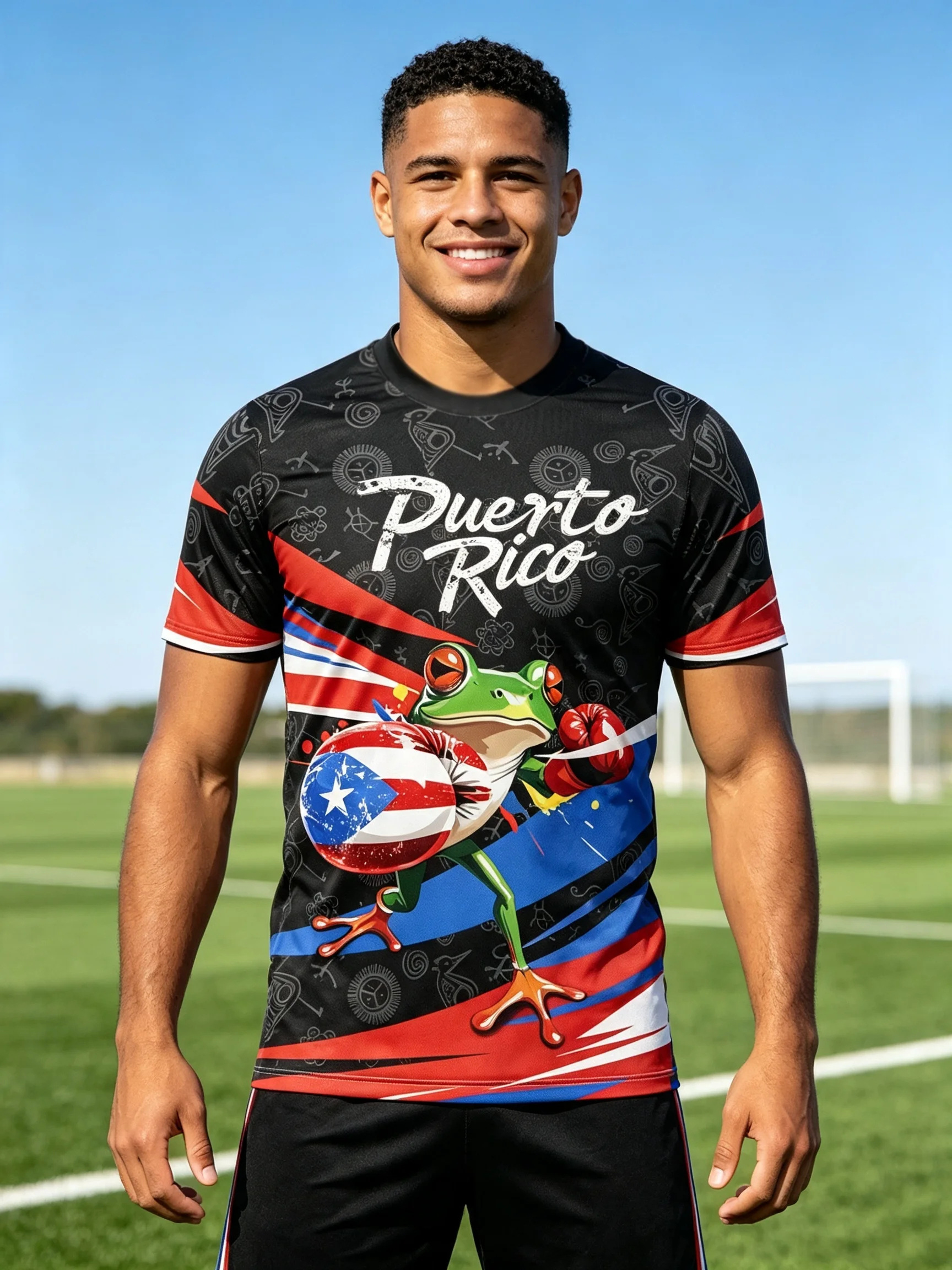 Puerto Rico themed football jersey,black tribal background,red‑blue diagonal blocks,moisture‑wicking fabric,athletic fit