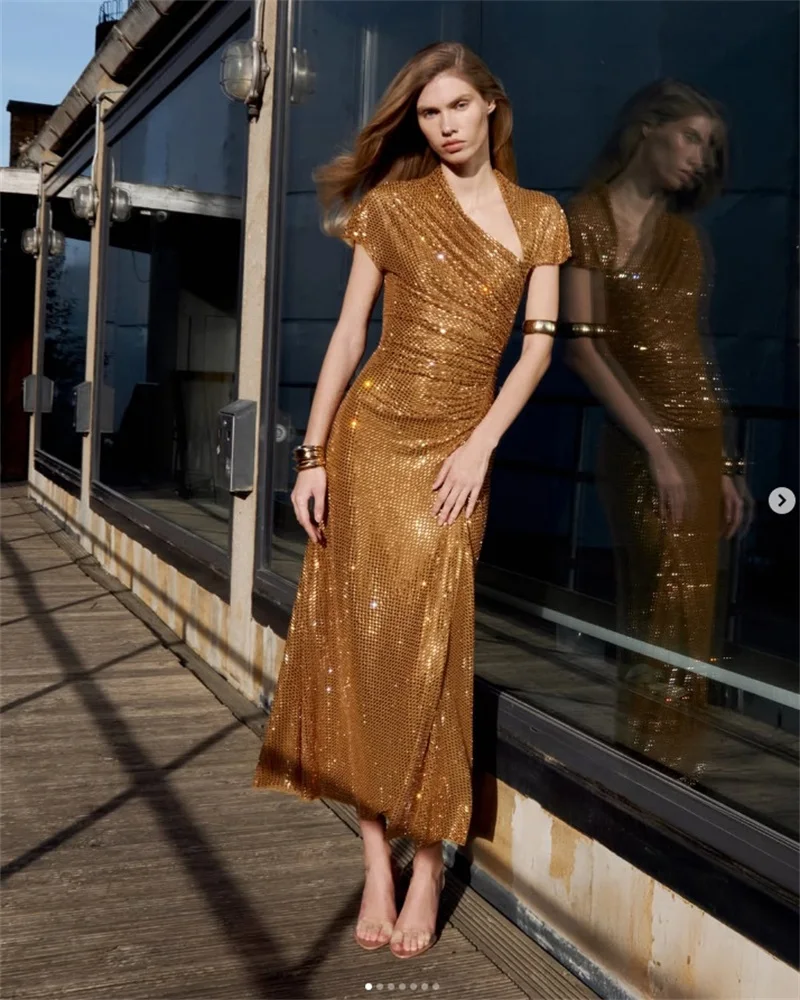 

Golden Crystals Prom Dress Elegant Sexy V Neck Short Sleeves Slim Fit Party Gown Formal Wedding Guest Birthday Evening Robe