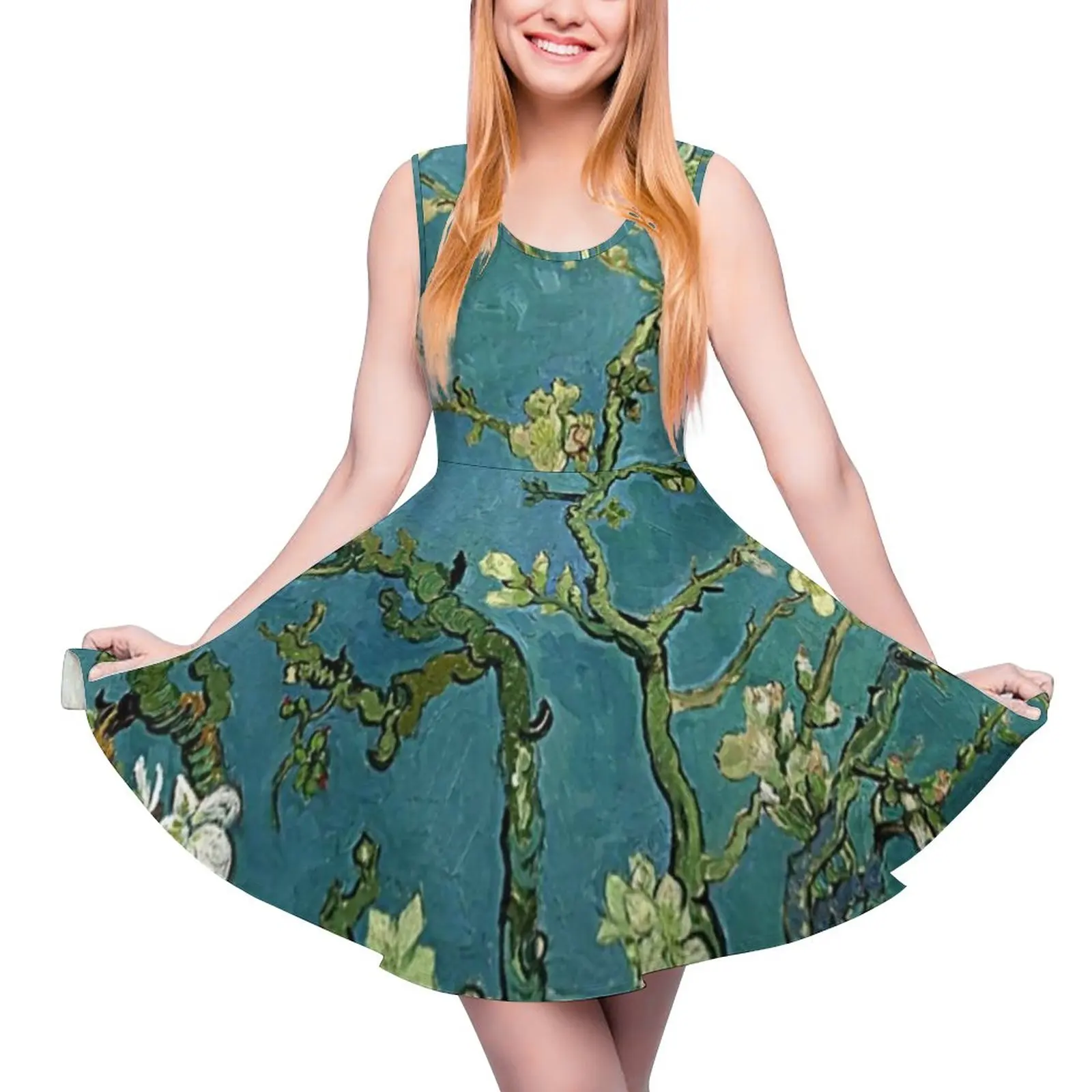 Floral Print Art Dress Van Gogh Almond Blossoms Street Dresses Female Club Skate Dress Hot High Waist Pattern Clothing Plus Size