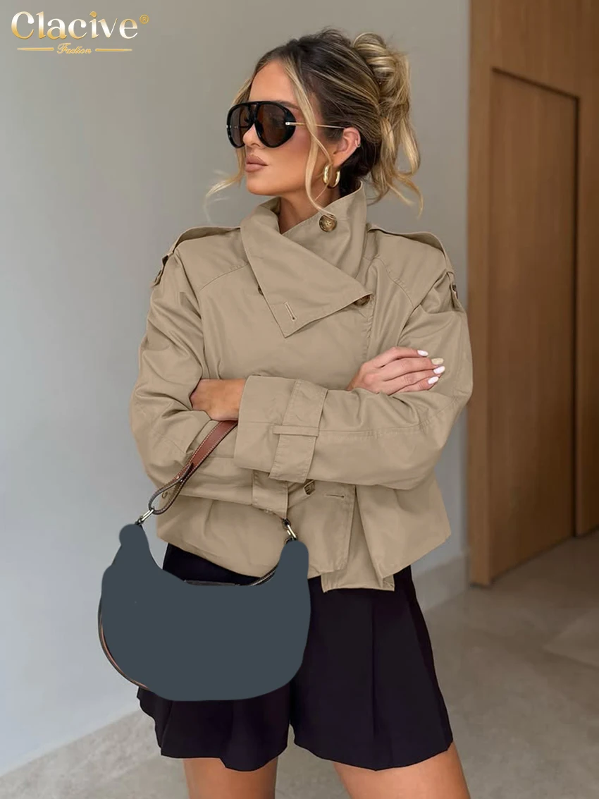 

Clacive Fashion Loose Khaki Women's Shirt 2026 Spring Turtleneck Long Sleeve Blouse Elegant Classic Solid Top Female Clothing