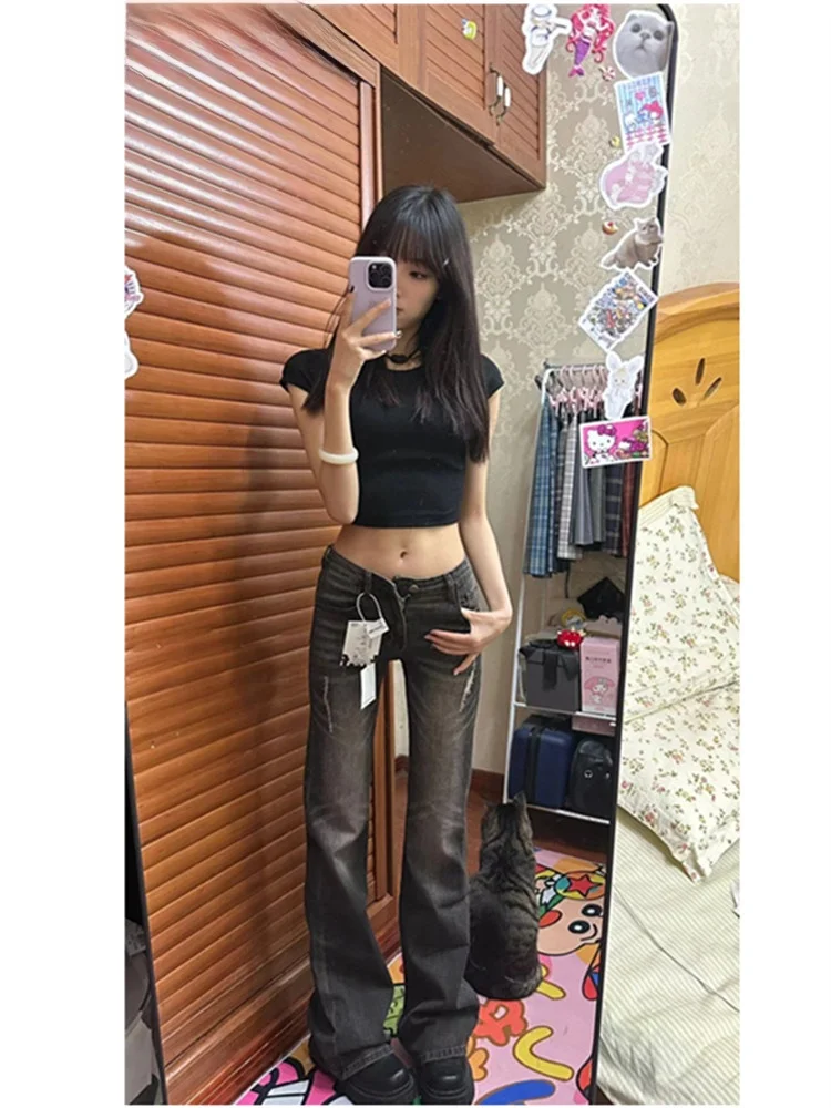 

American Retro Low Waist Bell Bottom Jeans Women Slimming Extended Length Hoof Dragging Pants High Street Deep Color