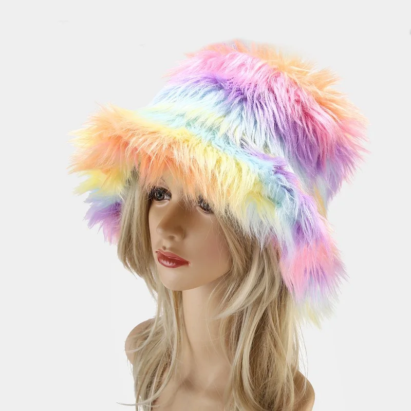 Amazon Autumn and Winter European and American Personalized Trend Colorful Long Fur Bucket Hat Fur Rainbow Gradient Bucket Hat F