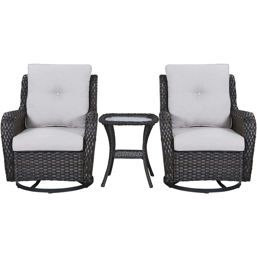 Wicker Rocking Chair Swivel Chairs - 3 Piece Rocker Patio Furniture Set Rattan Rocking Bistro Sets with Glass Top Side Table for