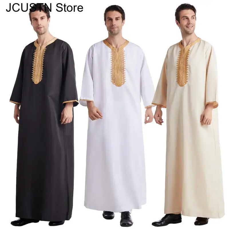 

Muslim Men's Cotton Shirts Mens Summer Middle Sleeved Leggings Robe Solid Color Inwrought Loose Man Clothing Camisas