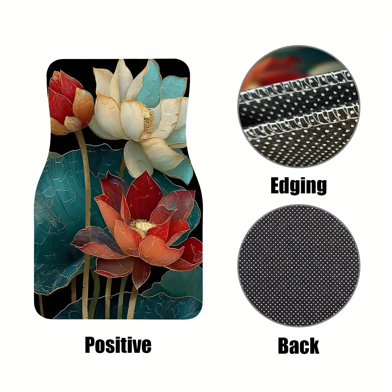This Set Of Four Car Floor Mats Features A For Lotus Pattern Design In Three Different Colors With A Green Print. The Material I
