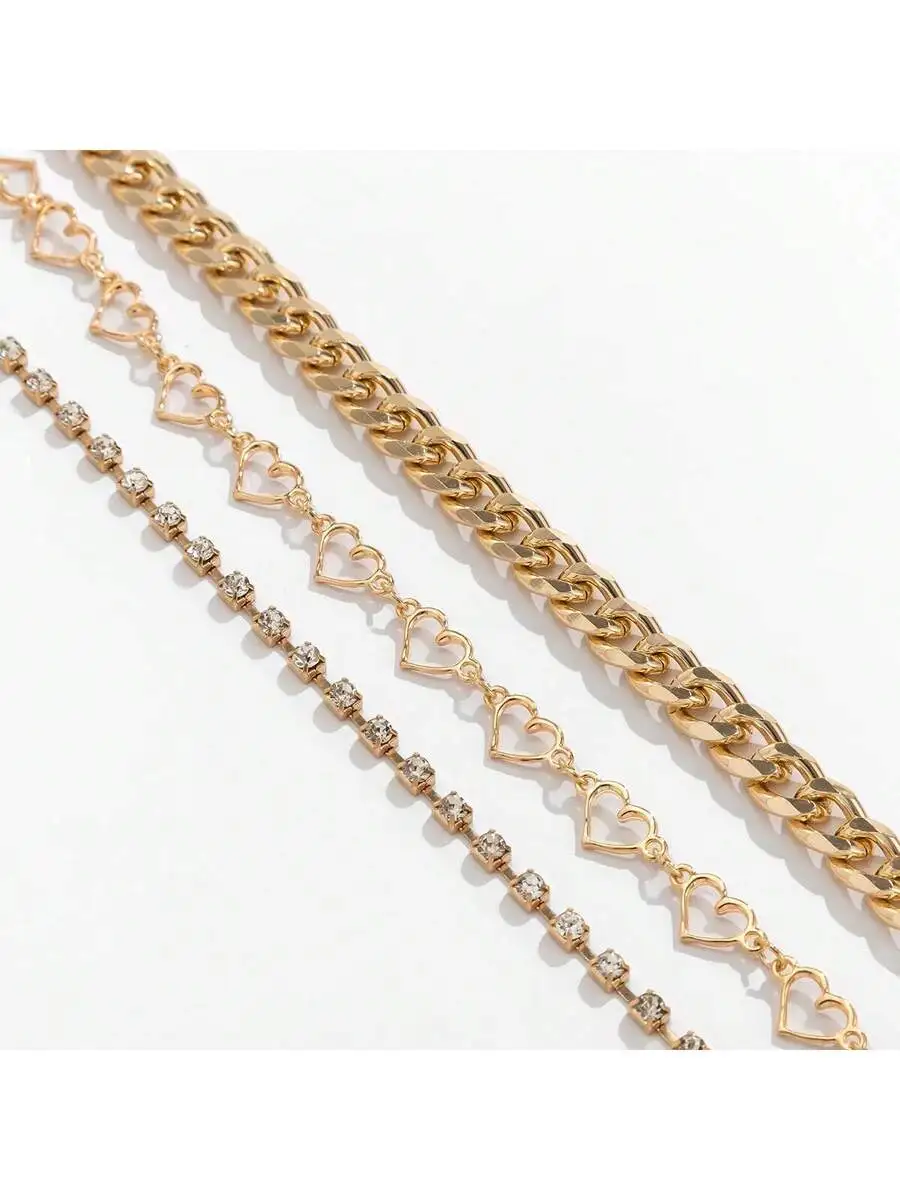 

Gold Heart Charm Layered Anklet Set With Rhinestone Links And Thick Chain, Summer Beach Foot Jewelry For Women Gifts
