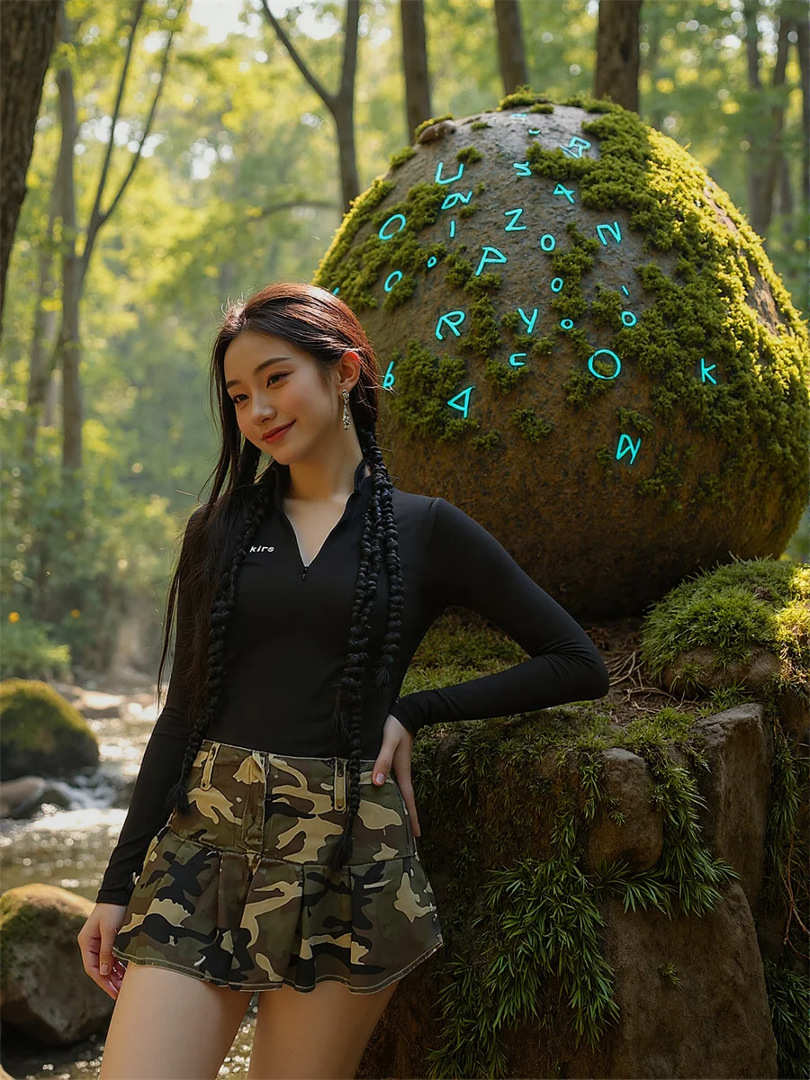 

Mini Camouflage Pleated Skirts Womens Shirring Layered Patchwork Sweet Artistic Modern Chic Feminina Elegant Unique