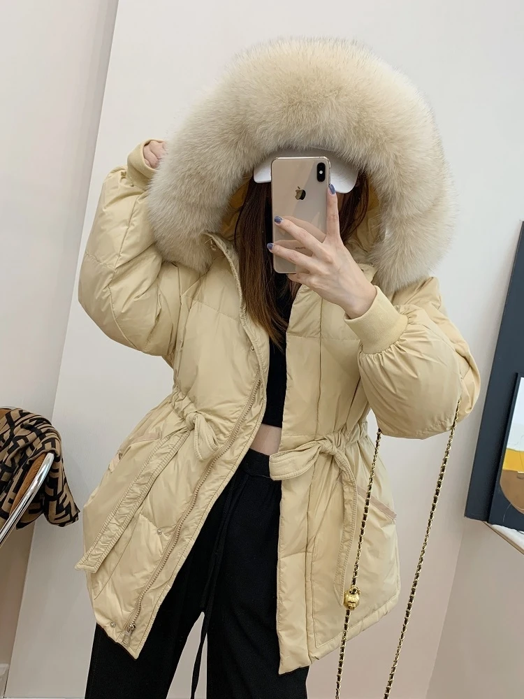 ew Winter Thick Warm Short Jacket Women Big Faux Fur Collar Hooded Parkas 90% White Duck Down Coat Lace-up Outwear