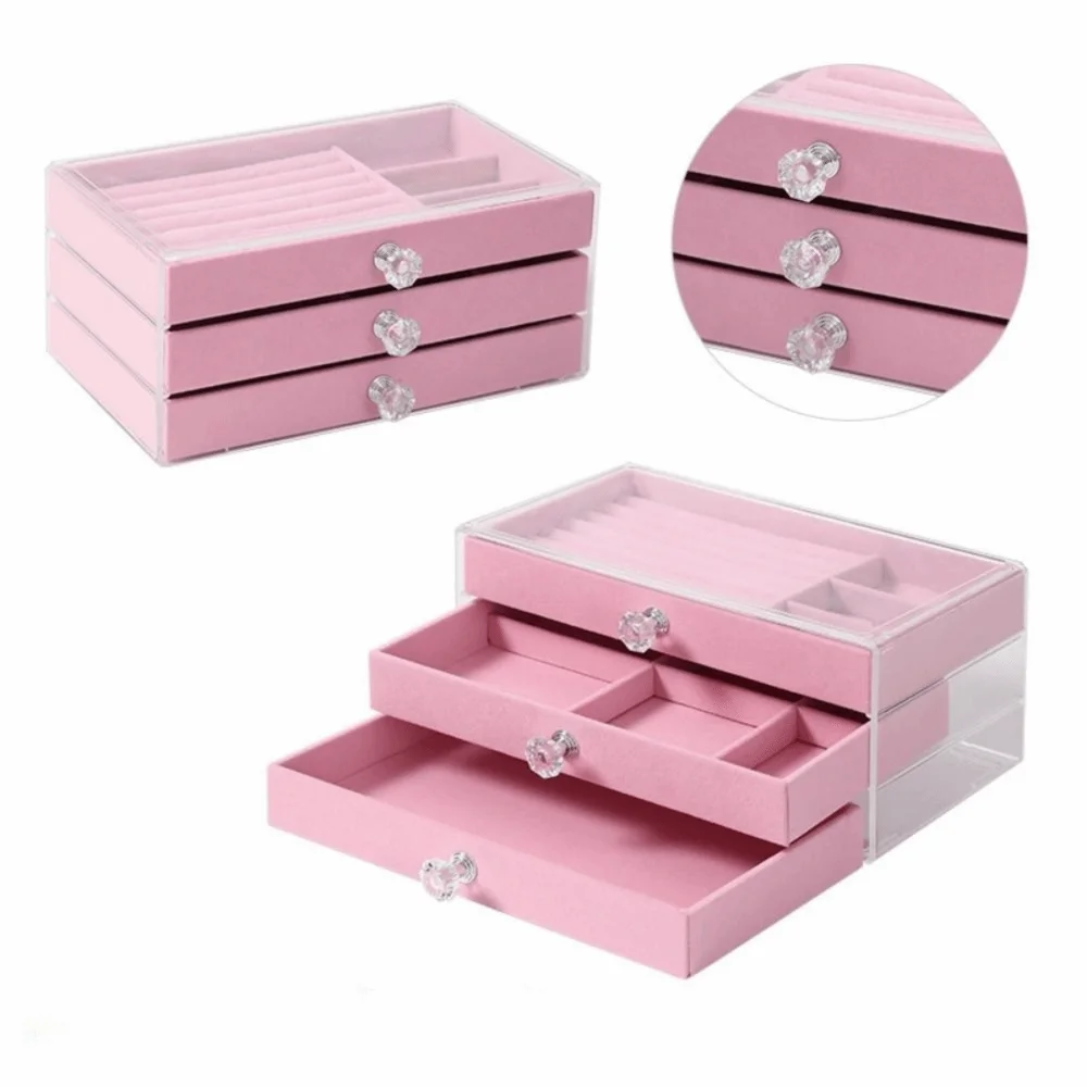 

3-Tier Jewelry Storage Box Transparent Dust-proof Flannel Jewelry Box Square Plastic Three Drawer Jewelry Box Storage
