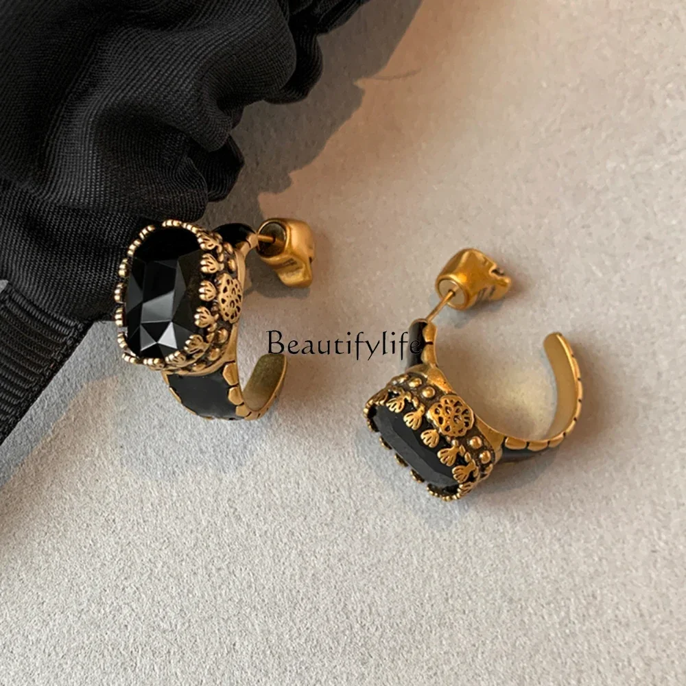 

Retro Black Gold Flower Earrings, Unique, Exaggerated, Mid-Ancient, Light, Luxury, European and American