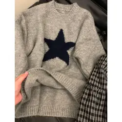 Deeptown Y2k Vintage Star Sweater Women Gray Korean Fashion Autumn Knitted Jumper Aesthetic Harajuku Casual Oversized Pullover