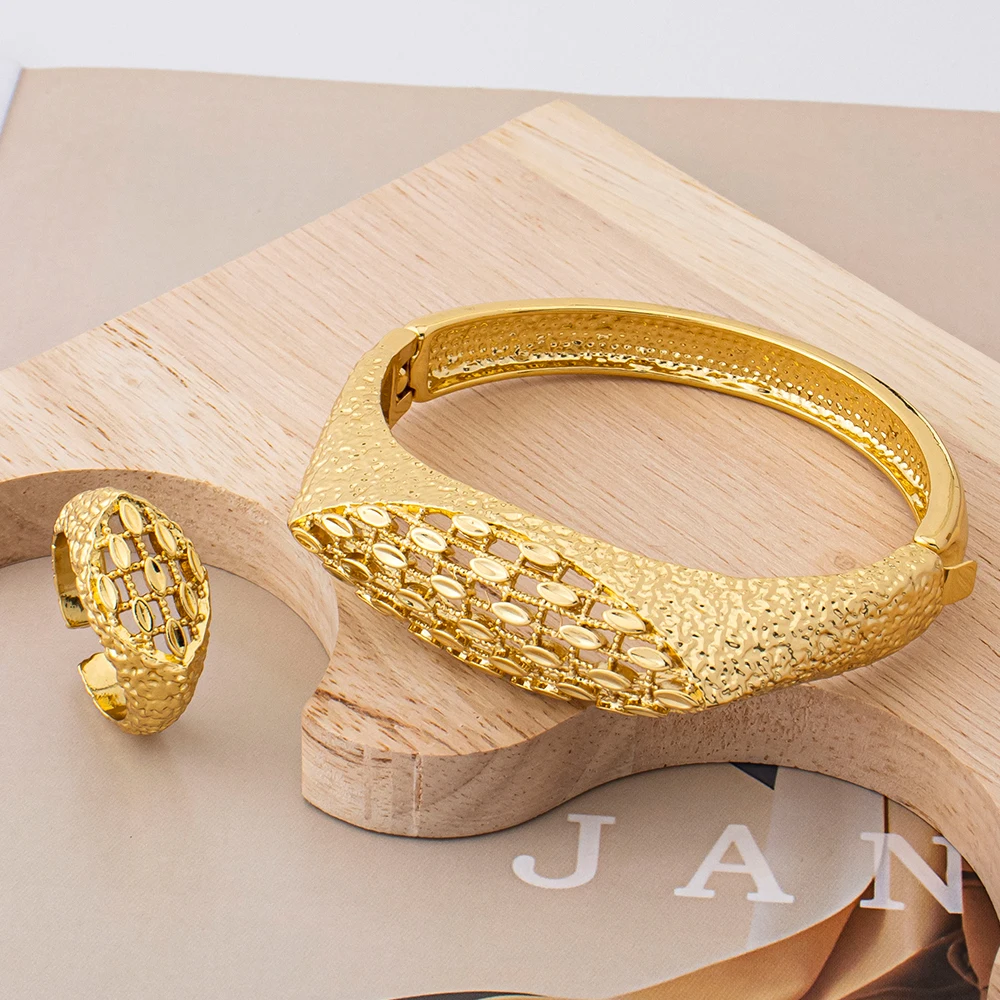 Gold Plated Hollow Bracelet & Ring Jewelry Set, Luxury Dubai African Bangle, Ethiopian  Women Wedding Engagement Gifts Wholesale