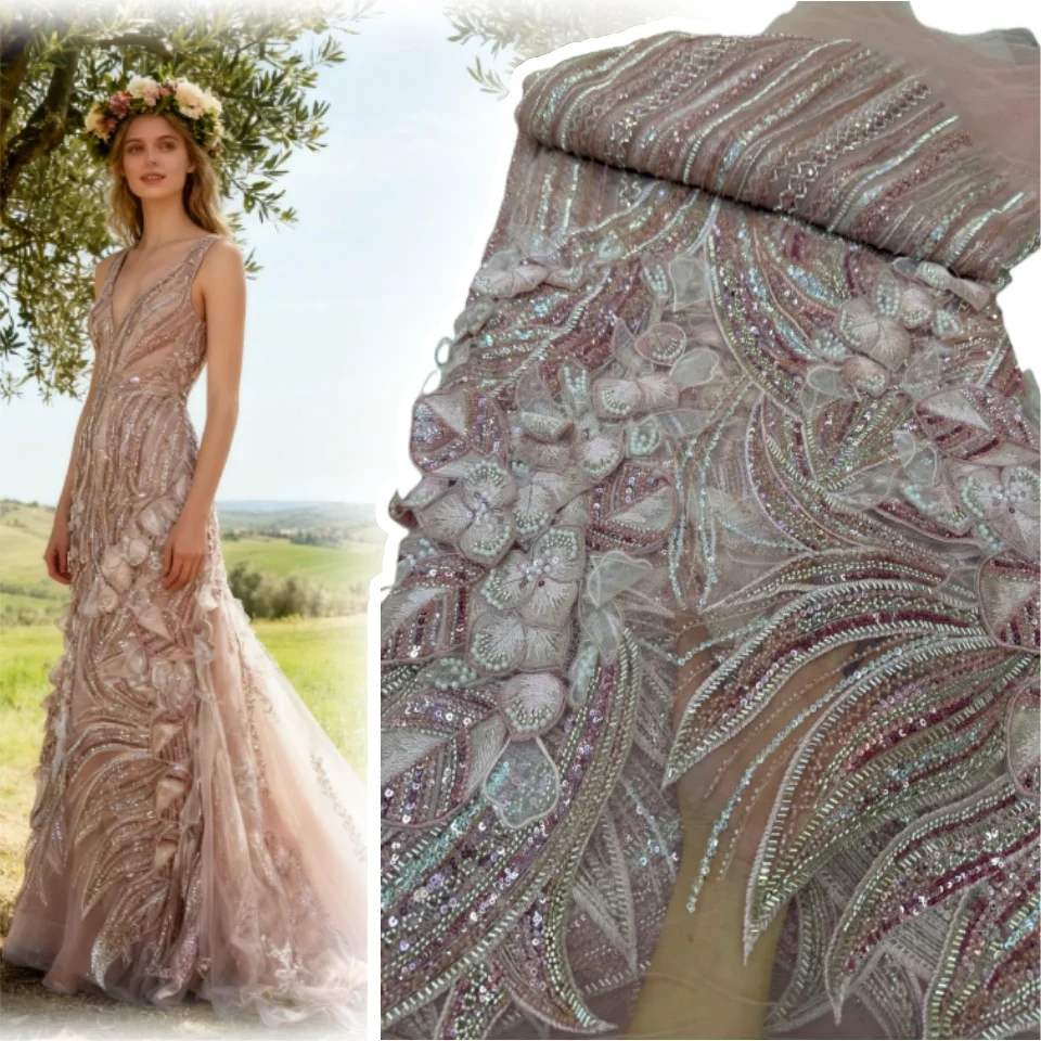

3D African Beaded Lace Fabric with Sequins 2026 High Quality Nigerian Bridal Tulle Embroidery for Wedding Dress Material 1894