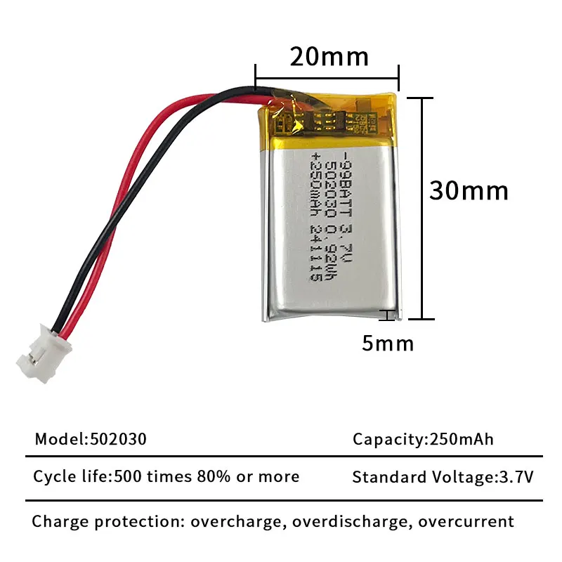 1-10Pcs 502030 3.7V 250mAh Li-Po Lithium Polymer Rechargeable Battery for Bluetooth Headset Smart Watch LED Light Toy 052030 - view 4
