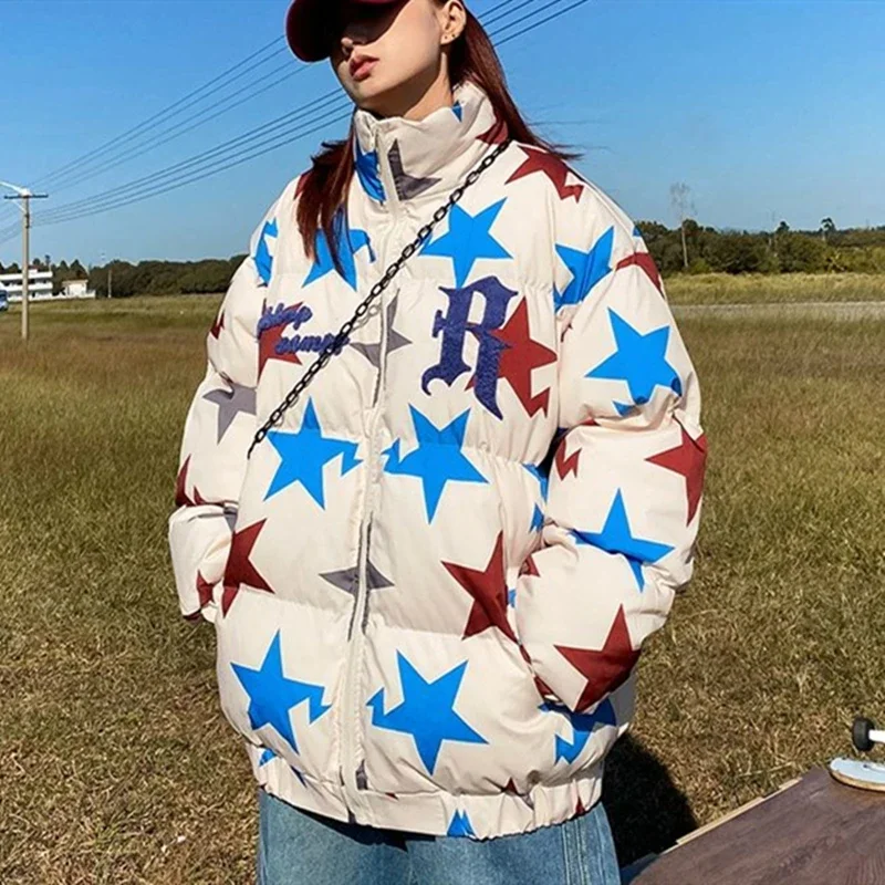 American Style Retro Star Studded Thicken Cotton Padded Parkas Clothes Fashion Loose Couples Coat Jackets for Men Y2K Clothing