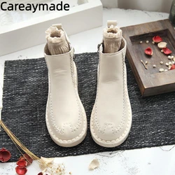 Careaymade-artistic soft sole flat short boots,women's handmade retro boots,autumn&winter warm plush soft leather Chelsea boots