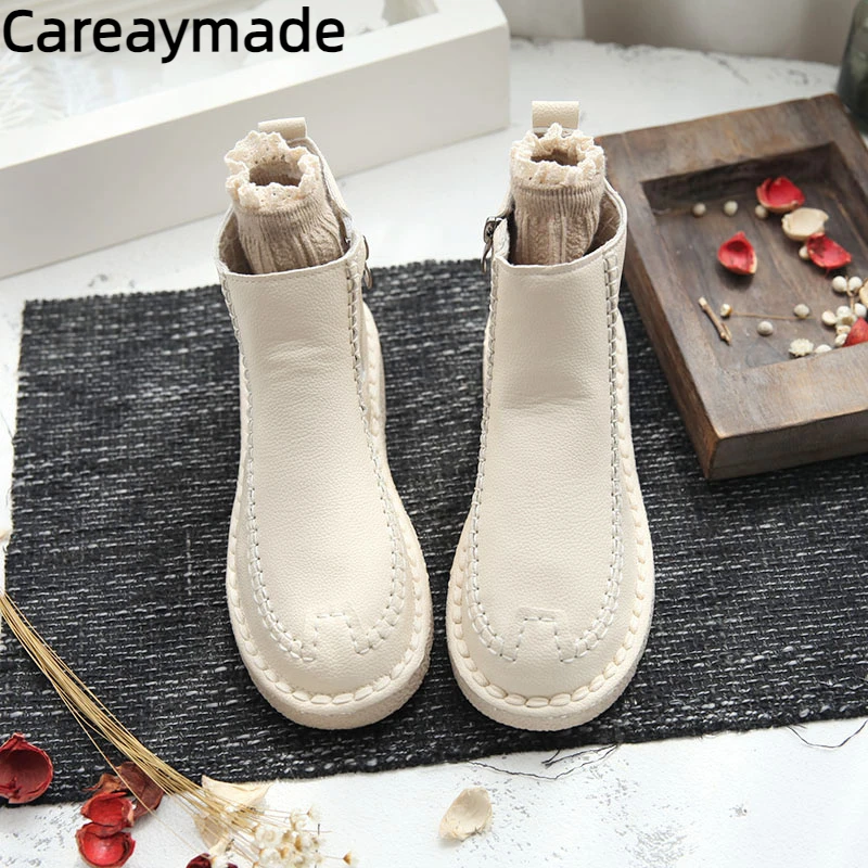 Careaymade-artystyczne płaskie krótkie buty z miękką podeszwą, damskie ręcznie robione buty retro, jesienne i zimowe ciepłe pluszowe miękkie skórzane buty Chelsea
