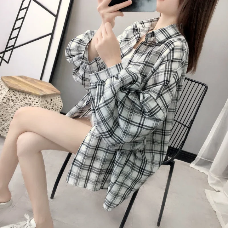 Shirts Women Korean Plaid Chic Batwing Sleeve Summer Sun-protection Femme Preppy Simple Basic  Girls Top Breathable Ins