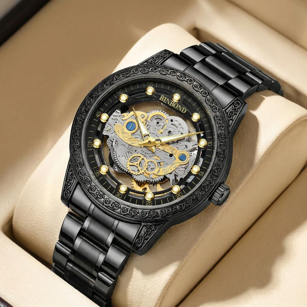 1pcs Mechanical Skeleton Watch Black Metal Strap Exquisite Carved Bezel Stylish Casual Timepiece for Men Trendy Daily Fa