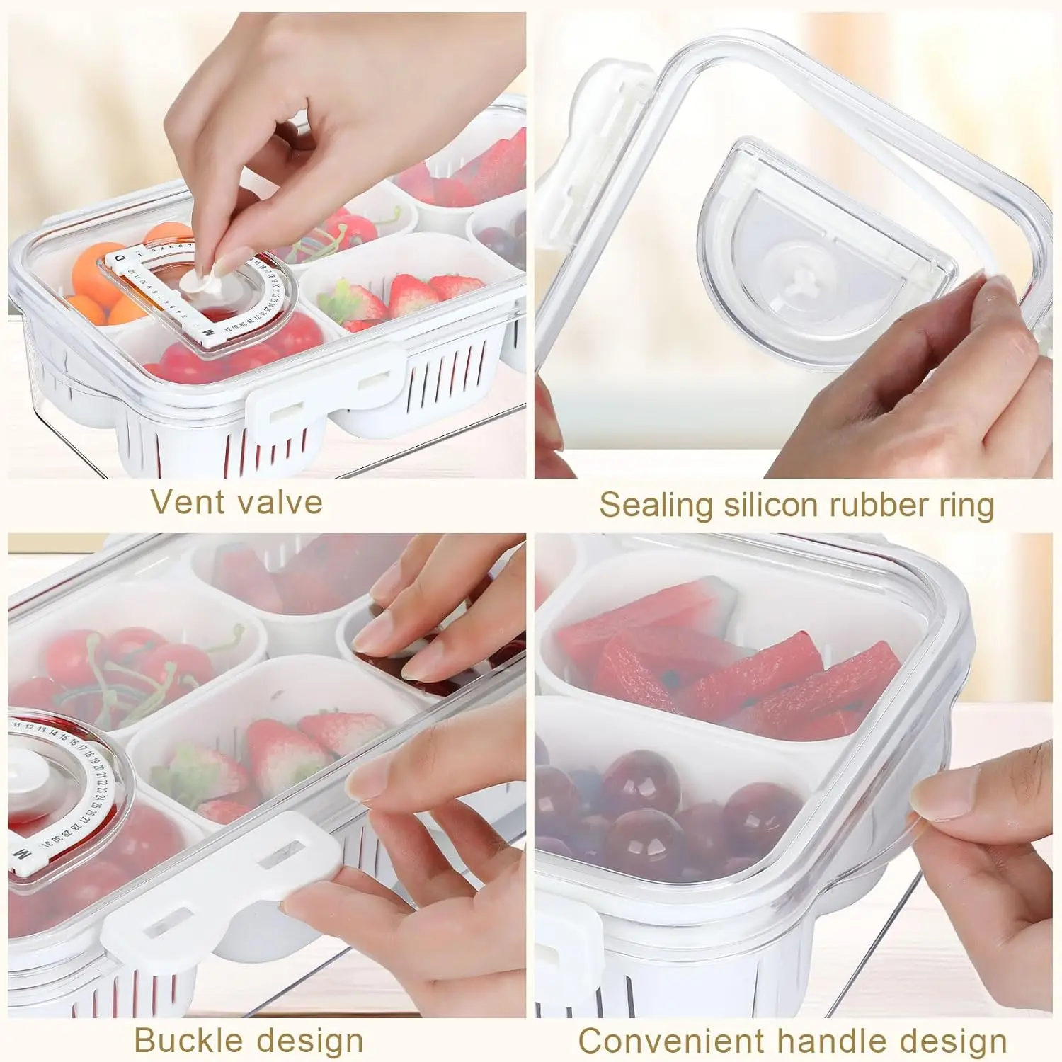 1PCS divider tray with lid, fruit storage container for refrigerator, snack box, portable food storage container with 6 compartm